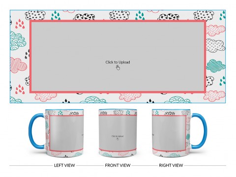 Clouds And Rain Drops Background With Large Single Pic Upload Design On Dual Tone Sky Blue Mug