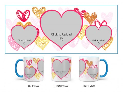 3 Heart Symbols Pic Upload With Golden Love Symbols Background Design On Dual Tone Sky Blue Mug
