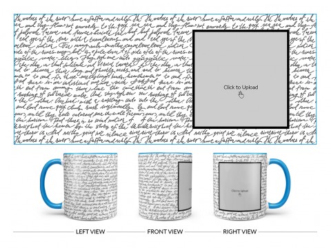 Cursive Writing Background With Square Pic Upload Design On Dual Tone Sky Blue Mug