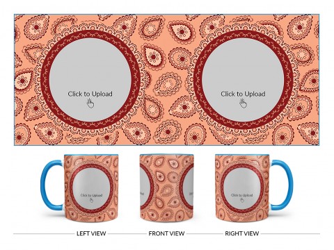 Pattern Background With Two Oval Shaped Pic Upload Design On Dual Tone Sky Blue Mug