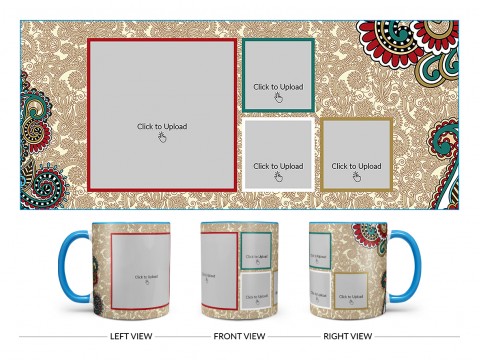 Traditional Background With 4 Pic Upload Design On Dual Tone Sky Blue Mug