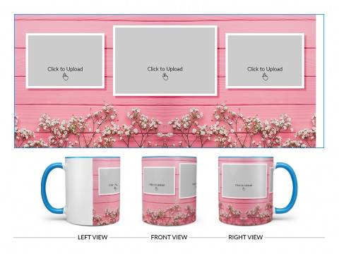 Wooden Wall With Small Flowers 3 Pic Upload Design On Dual Tone Sky Blue Mug