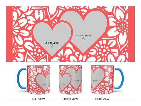 Flower Pattern Background With 2 Love Symbol Pic Upload Design On Dual Tone Sky Blue Mug