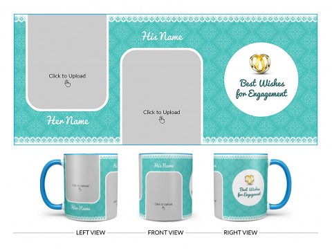 Best Wishes For Engagement With Couple Pic Upload Design On Dual Tone Sky Blue Mug