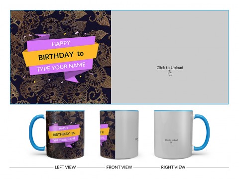 Happy Birthday With Gold Floral Background Design On Dual Tone Sky Blue Mug