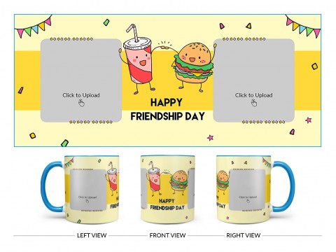Happy Friendship Day Coke And Burger Design On Dual Tone Sky Blue Mug