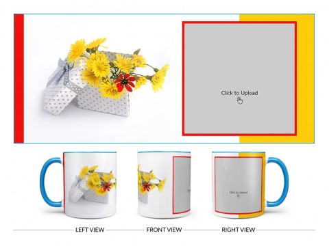 Yellow Color Flowers in Basket Design On Dual Tone Sky Blue Mug