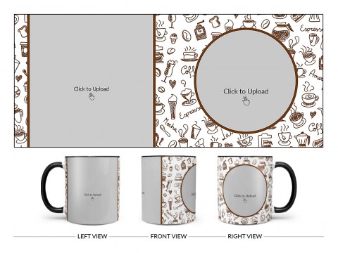 Coffee Mugs, Ice Creams, Coffee Jug & Etc. Pattern Background Design On Dual Tone Black Mug