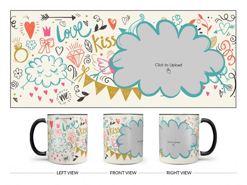 Love, Ring, Kiss, Me & Etc. Pattern Background With Flower Shape Pic Upload Design On Dual Tone Black Mug
