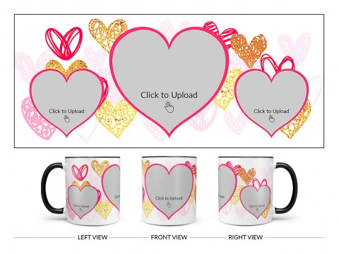 3 Heart Symbols Pic Upload With Golden Love Symbols Background Design On Dual Tone Black Mug