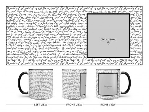 Cursive Writing Background With Square Pic Upload Design On Dual Tone Black Mug