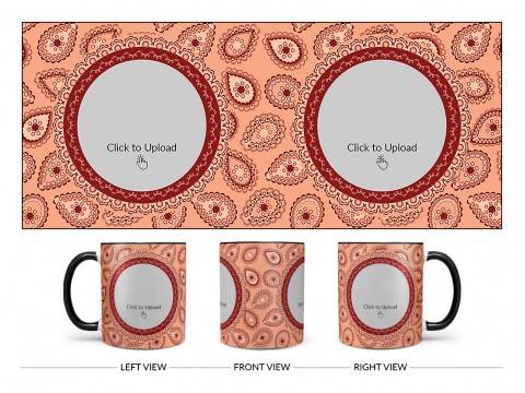 Pattern Background With Two Oval Shaped Pic Upload Design On Dual Tone Black Mug