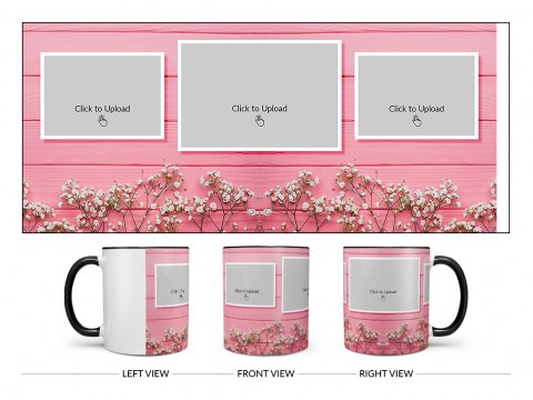 Wooden Wall With Small Flowers 3 Pic Upload Design On Dual Tone Black Mug