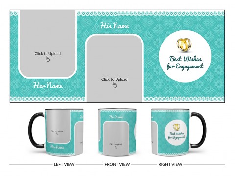 Best Wishes For Engagement With Couple Pic Upload Design On Dual Tone Black Mug