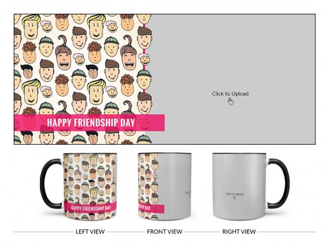 Happy Friendship Day With Friends Cartoon Heads Design On Dual Tone Black Mug