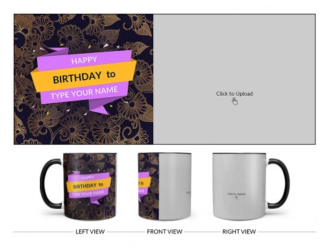 Happy Birthday With Gold Floral Background Design On Dual Tone Black Mug