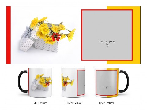Yellow Color Flowers in Basket Design On Dual Tone Black Mug