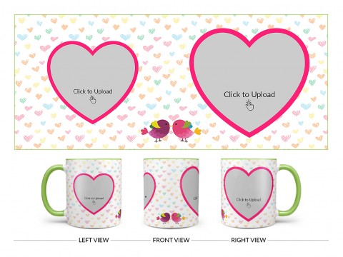 Love Symbol Pattern Background With 2 Heart Shape Pic Upload Upload Design On Dual Tone Light Green Mug