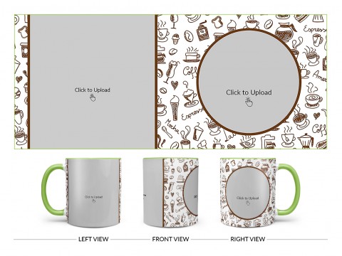 Coffee Mugs, Ice Creams, Coffee Jug & Etc. Pattern Background Design On Dual Tone Light Green Mug
