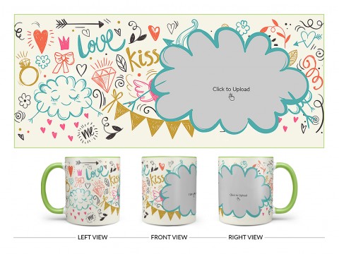 Love, Ring, Kiss, Me & Etc. Pattern Background With Flower Shape Pic Upload Design On Dual Tone Light Green Mug