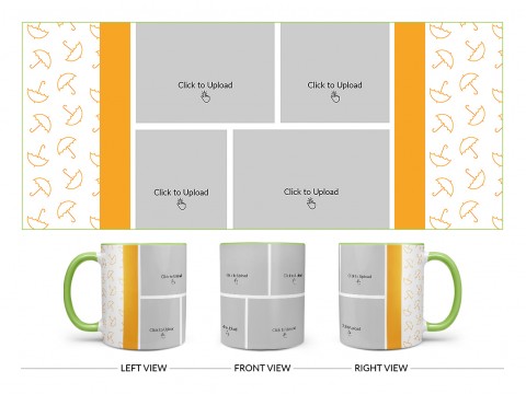 Orange Colour Umbrella Pattern Background With 4 Pic Upload Upload Design On Dual Tone Light Green Mug