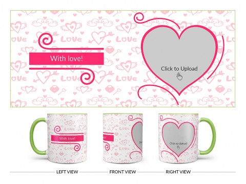 Love Pattern Background With Pink Heart Design On Dual Tone Light Green Mug