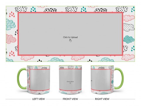 Clouds And Rain Drops Background With Large Single Pic Upload Design On Dual Tone Light Green Mug