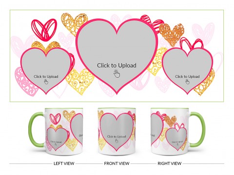 3 Heart Symbols Pic Upload With Golden Love Symbols Background Design On Dual Tone Light Green Mug