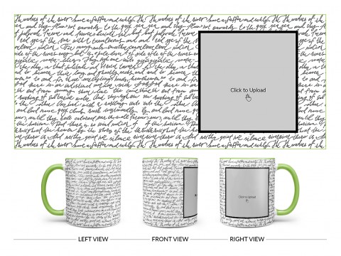 Cursive Writing Background With Square Pic Upload Design On Dual Tone Light Green Mug