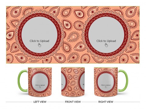 Pattern Background With Two Oval Shaped Pic Upload Design On Dual Tone Light Green Mug