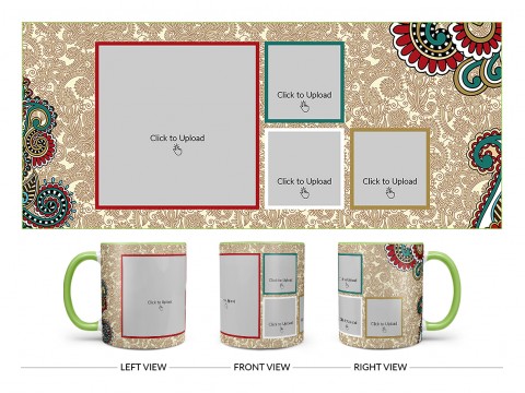 Traditional Background With 4 Pic Upload Design On Dual Tone Light Green Mug
