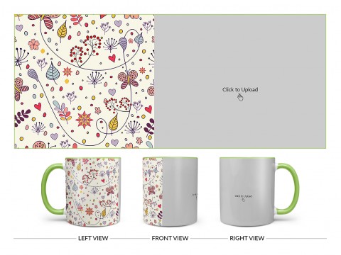 Multiple Trees, Flower & Butterfly’s Pattern Background Design On Dual Tone Light Green Mug