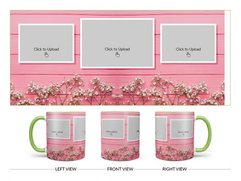 Wooden Wall With Small Flowers 3 Pic Upload Design On Dual Tone Light Green Mug