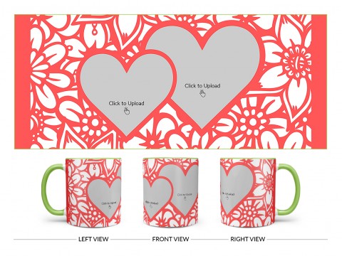 Flower Pattern Background With 2 Love Symbol Pic Upload Design On Dual Tone Light Green Mug