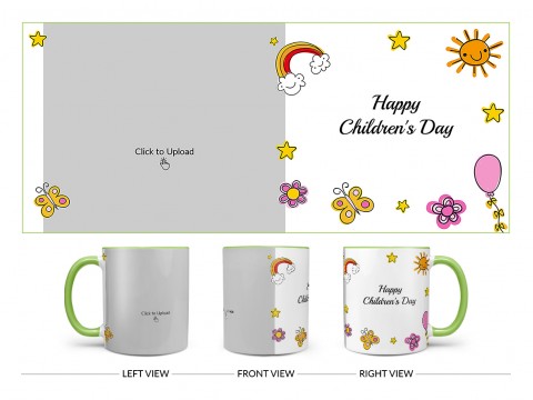 Childrens Day With Cartoon Objects Design On Dual Tone Light Green Mug