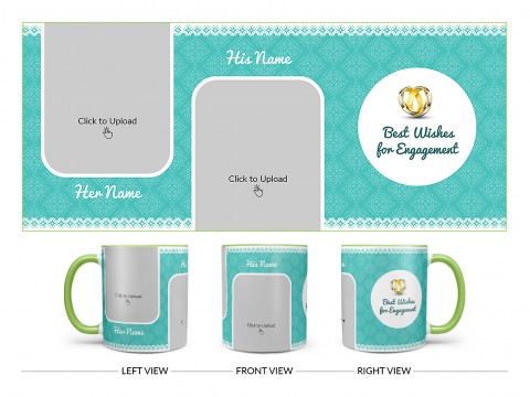Best Wishes For Engagement With Couple Pic Upload Design On Dual Tone Light Green Mug