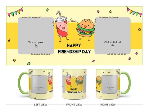 Happy Friendship Day Coke And Burger Design On Dual Tone Light Green Mug