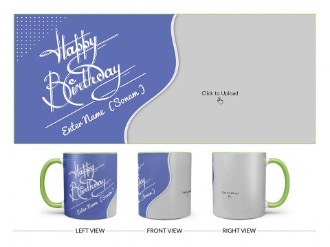 Blue Wave Design With Happy Birthday Text Design On Dual Tone Light Green Mug