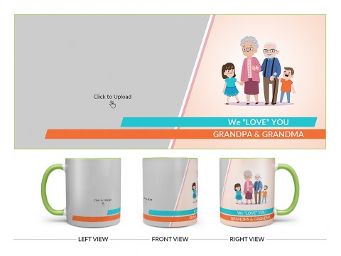Grand Parents With Grand Children’s Design On Dual Tone Light Green Mug