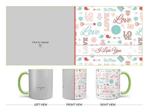 Love, You & Me, Birds Pattern Background Design On Dual Tone Light Green Mug