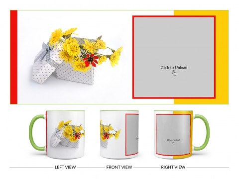 Yellow Color Flowers in Basket Design On Dual Tone Light Green Mug