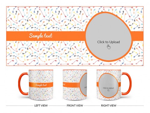 Multiple Arrows Pattern Background With Oval Shape Pic Upload Design On Dual Tone Orange Mug