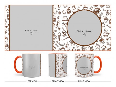 Coffee Mugs, Ice Creams, Coffee Jug & Etc. Pattern Background Design On Dual Tone Orange Mug
