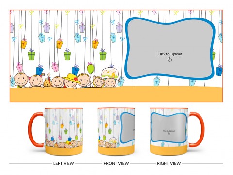 Multiple Kids Behind The Wall And Gifts Pattern Background Design On Dual Tone Orange Mug