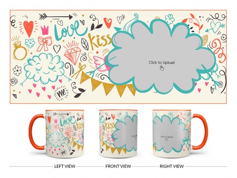 Love, Ring, Kiss, Me & Etc. Pattern Background With Flower Shape Pic Upload Design On Dual Tone Orange Mug