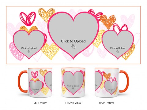 3 Heart Symbols Pic Upload With Golden Love Symbols Background Design On Dual Tone Orange Mug