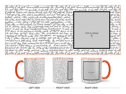 Cursive Writing Background With Square Pic Upload Design On Dual Tone Orange Mug