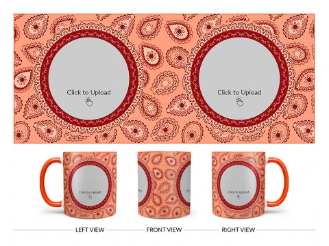 Pattern Background With Two Oval Shaped Pic Upload Design On Dual Tone Orange Mug