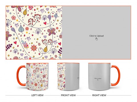 Multiple Trees, Flower & Butterfly’s Pattern Background Design On Dual Tone Orange Mug