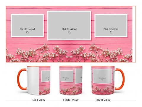 Wooden Wall With Small Flowers 3 Pic Upload Design On Dual Tone Orange Mug